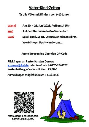 Das Bidl zeigt nformationen zu Vater-Kind Zelten am 20.06.2026 auf der Pfarrwiese in Großenheidorn.